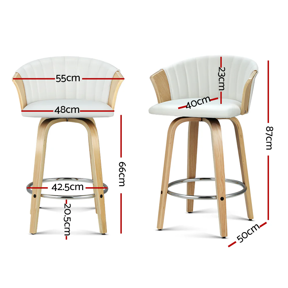 Set of 2 Salisbury Bar Stools Kitchen Stool Wooden Chair Swivel Chairs Leather - White - Nurns