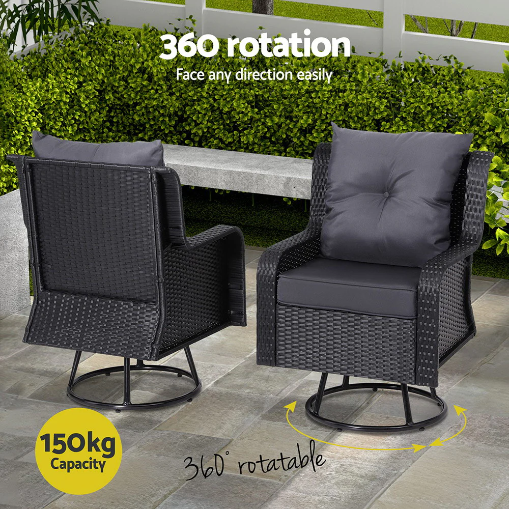 Cinzia Outdoor Furniture Lounge Wicker Swivel Chairs Table Cushion 3-Piece Outdoor Bistro Set - Black - Nurns