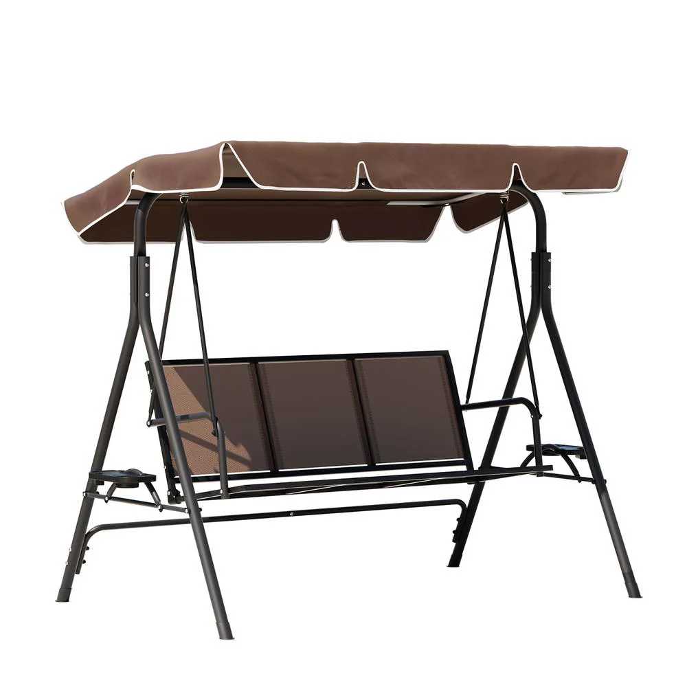 Astride Outdoor Swing Chair Garden Chair Canopy Cup Holder 3 Seater - Brown - Nurns