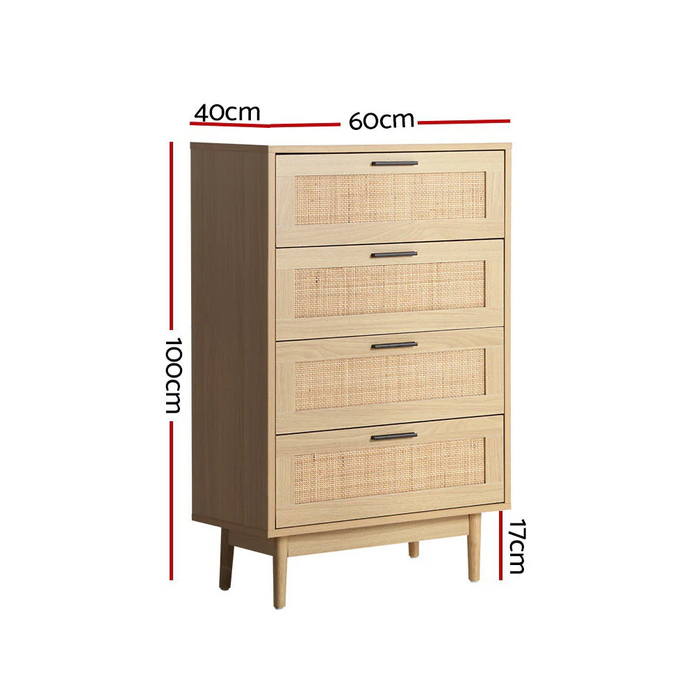 Belfast Queen Bedroom Suite 5 Piece 1x Queen Mattress 1x Bouclé Queen Bed Frame 2x Rattan Bedside Tables and 1x Rattan Tallboy - Nurns