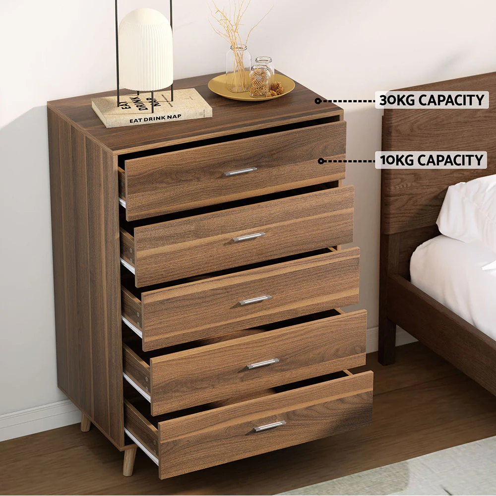 Artiss 5 Chest of Drawers - Walnut - Nurns