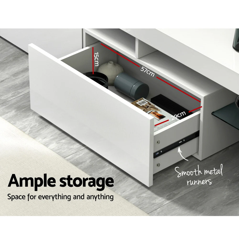 Denby 189cm RGB LED TV Stand Cabinet Entertainment Unit Gloss Furniture Drawers Tempered Glass Shelf - White - Nurns