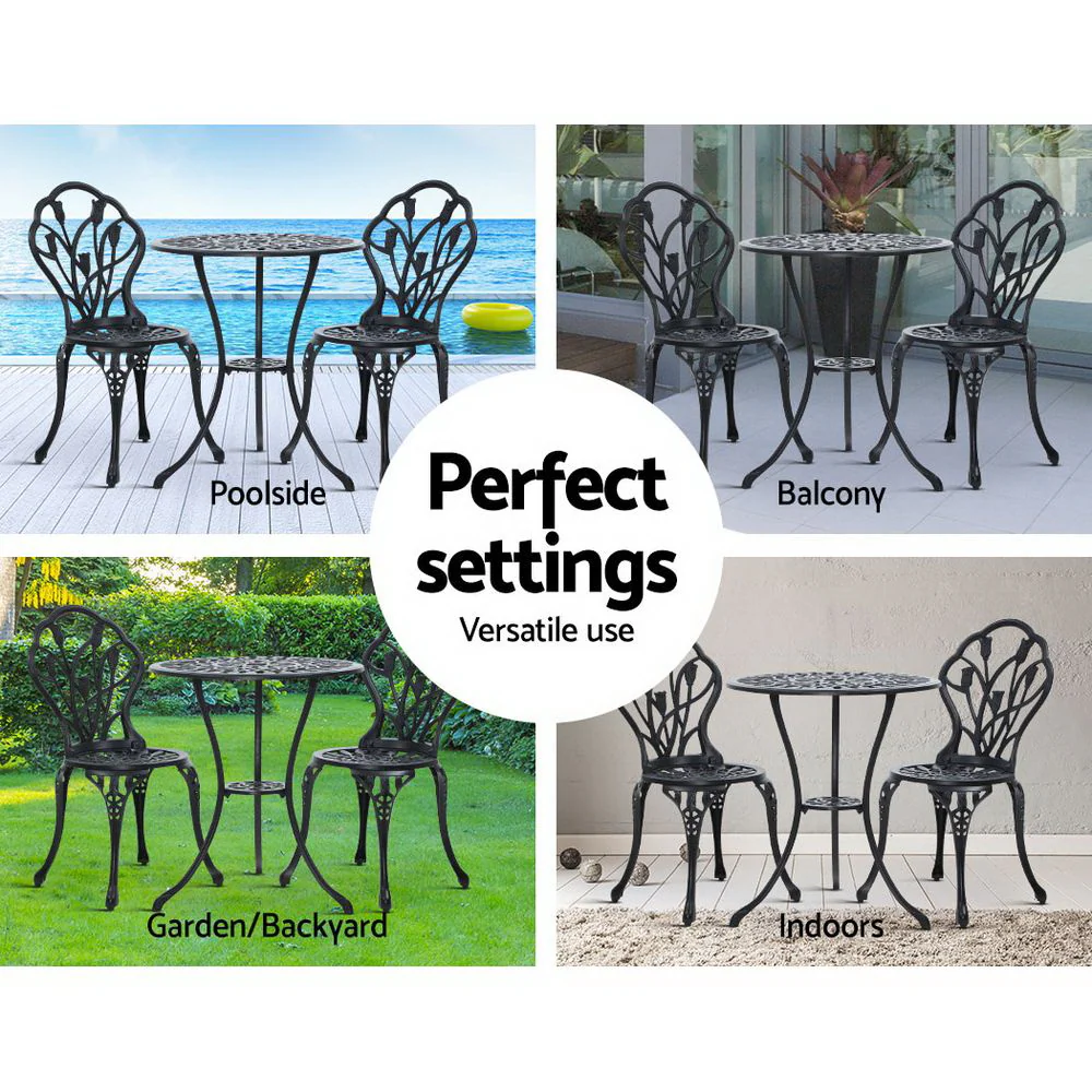 Ciaran 2-Seater Cast Aluminium Table Chair Patio 3-Piece Outdoor Setting - Black - Nurns