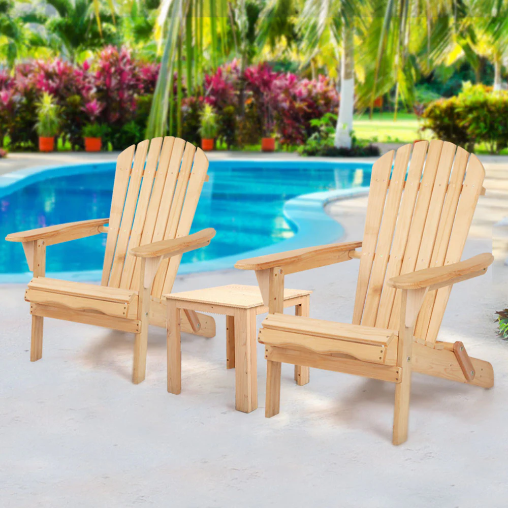 Adirondack Gardeon 3PC Outdoor Table and Chairs Wooden Foldable Beach Chair Natural - Nurns