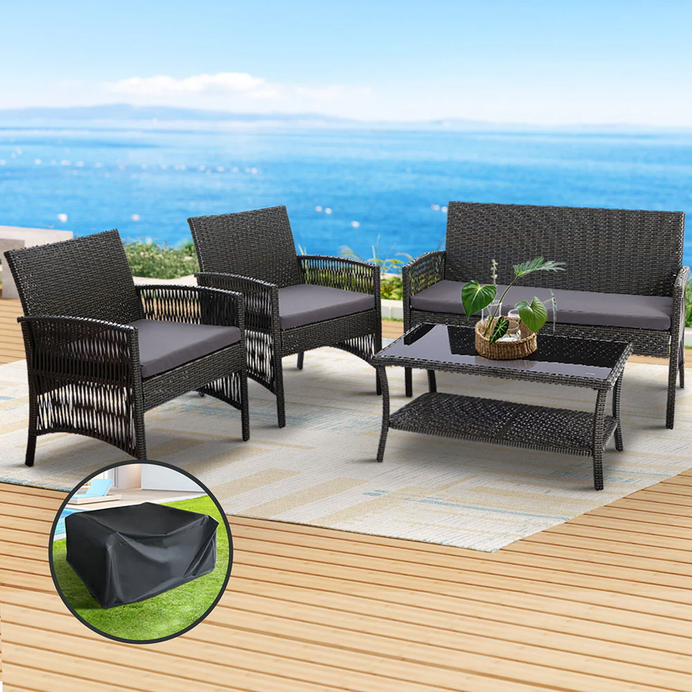 Luis 4-Seater Wicker Harp Table & Chair 4-Piece Outdoor Sofa Set with Storage Cover - Grey - Nurns