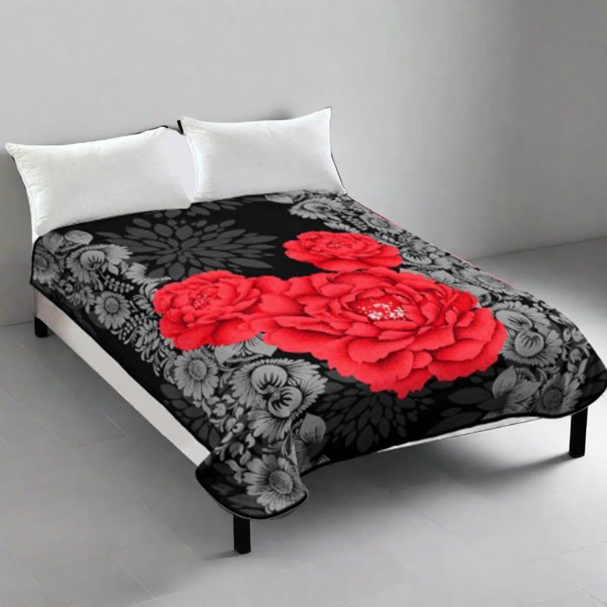 Whitney Throw Soft Blanket 800GSM Luxury Reversible Mink Blanket Red Floral Queen 200 x 240cm - Red Floral - Nurns