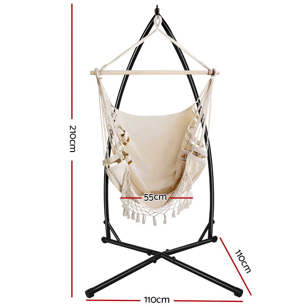 Hammock Chair with Steel Stand Hanging Outdoor Tassel - Cream - Nurns