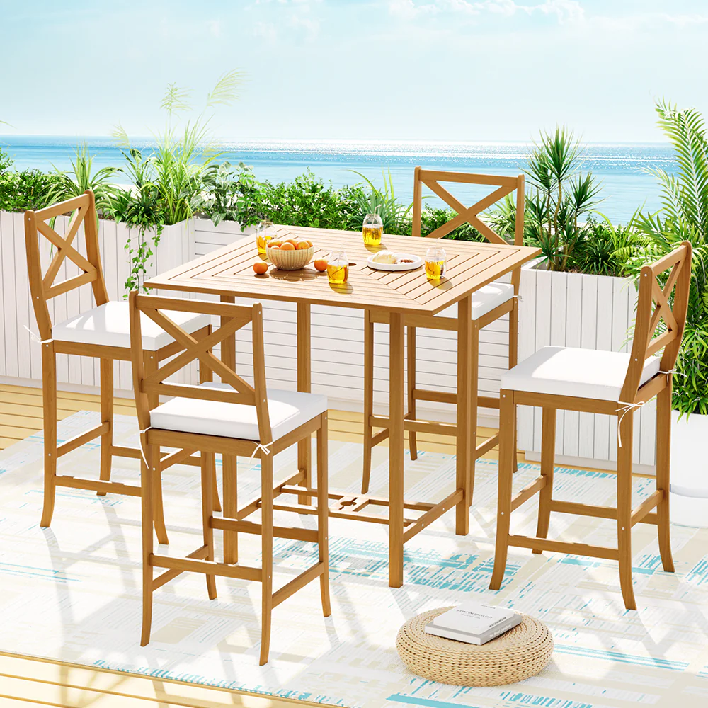 Crosby 4-Seater Bar Table Stools Patio Acacia 5-Piece Outdoor Bistro Set - Wood - Nurns