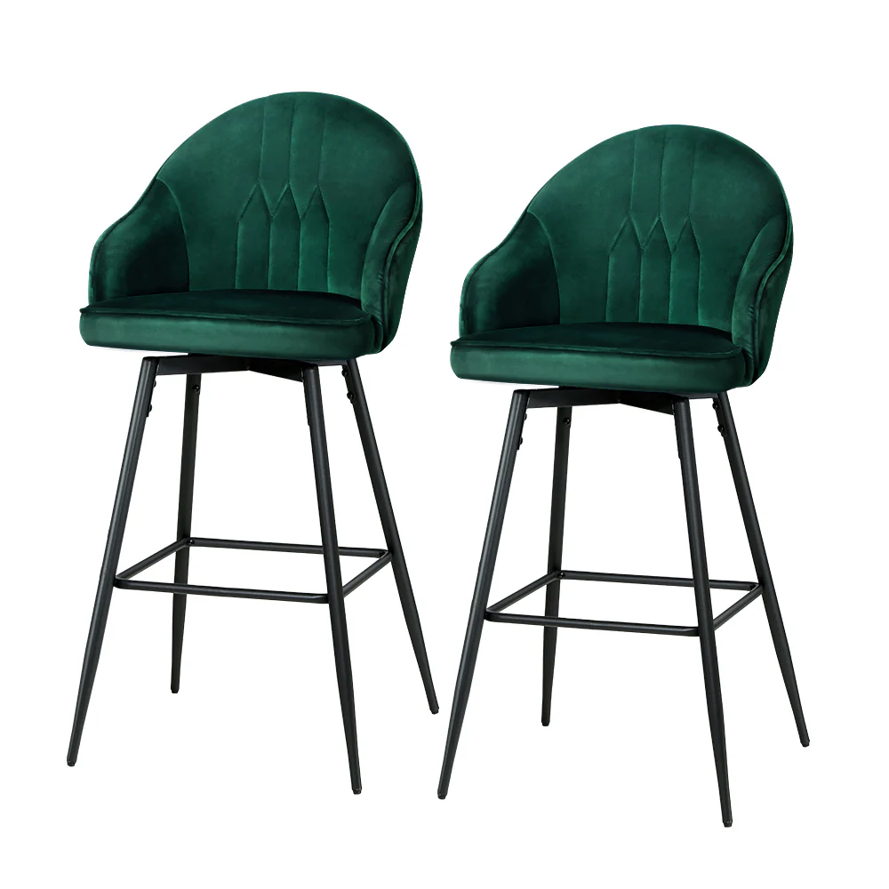 Set of 2 Munich Bar Stools Kitchen Stool Dining Chairs Velvet Chair Barstool - Green - Nurns