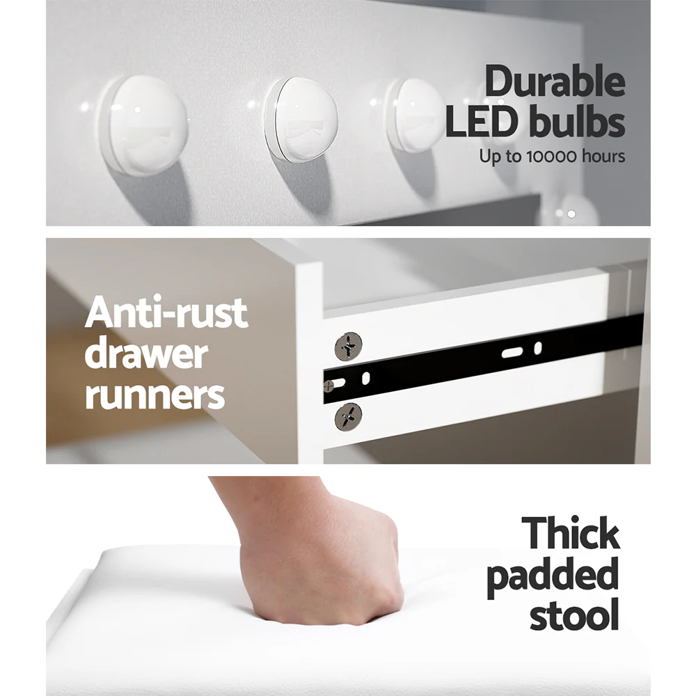 Dressing Table LED Makeup Mirror Stool Set 12 Bulbs Vanity Desk White - Nurns
