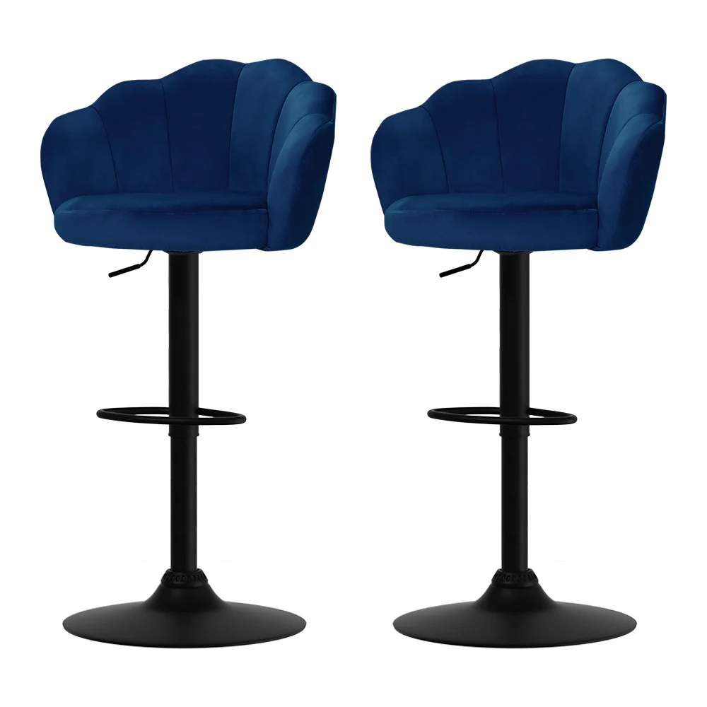Set of 2 Naples Bar Stools Kitchen Stool Swivel Chair Gas Lift Velvet Chairs - Blue - Nurns