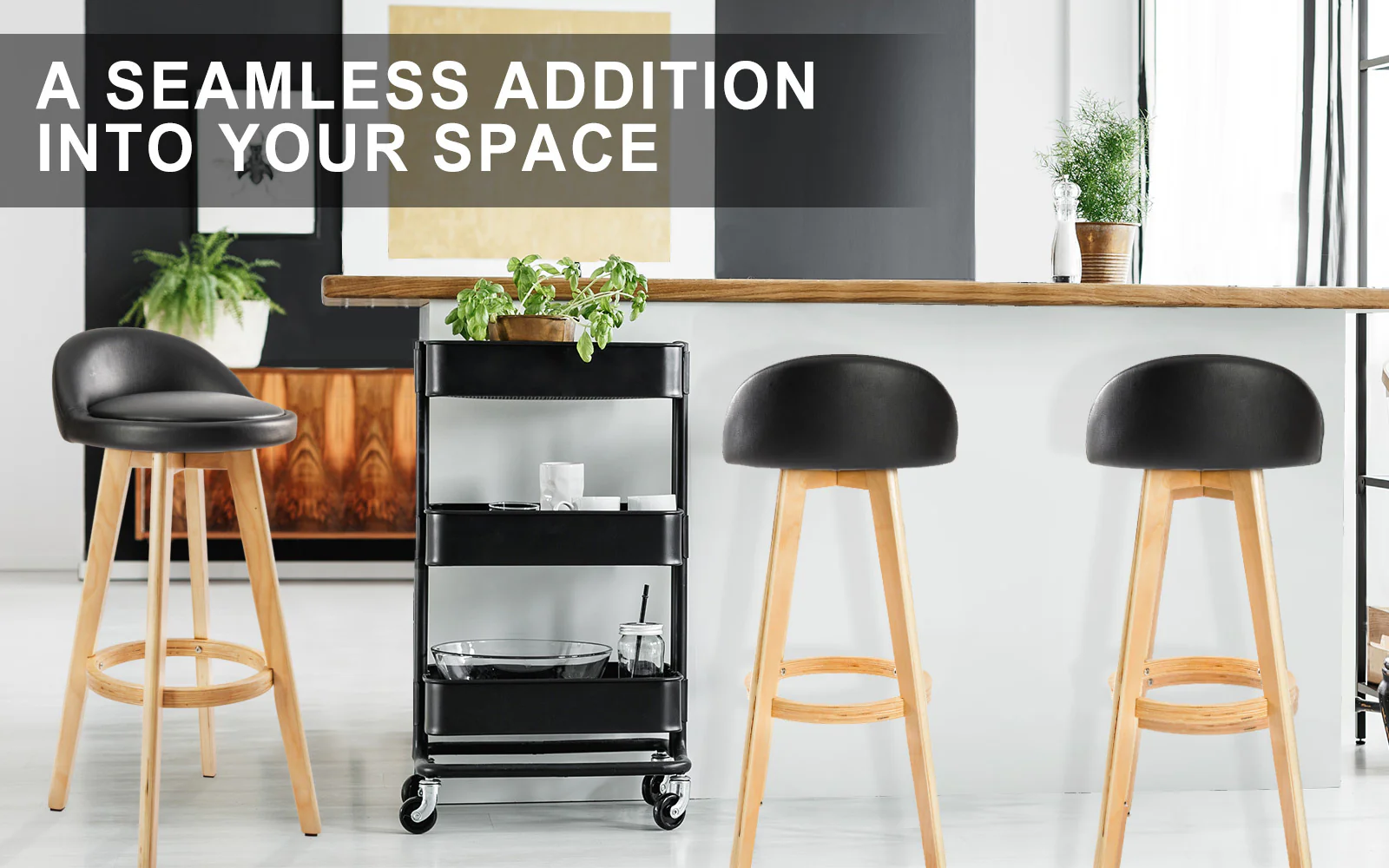 Set of 4 Carlisle Wooden Bar Stool Dining Chair Leather - Black - Nurns