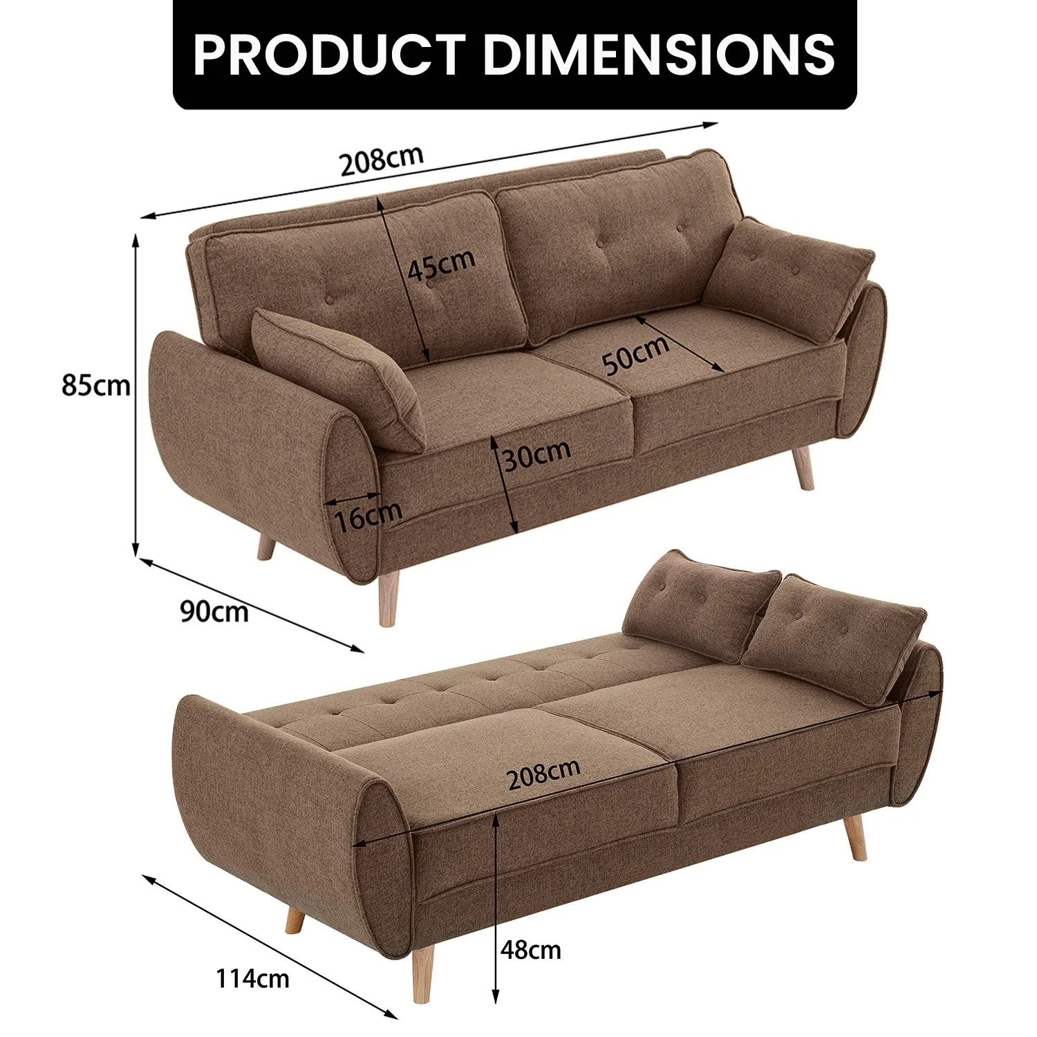 Mariah 3-Seater Linen Fabric Futon Modular Sofa Bed Suite - Brown - Nurns