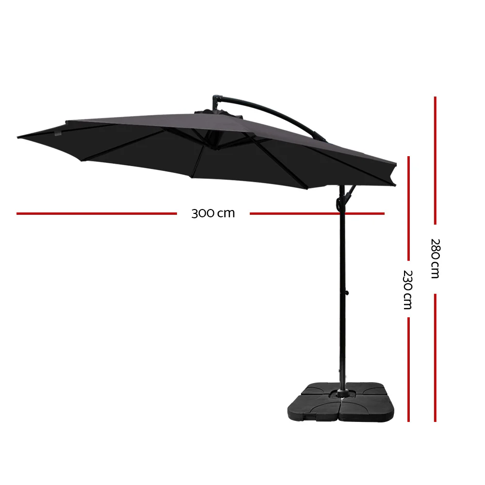 Instahut 3m Umbrella w/Base Outdoor Cantilever Beach Garden Patio Parasol Charcoal - Nurns