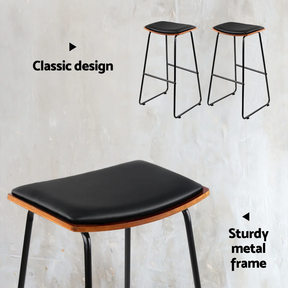 Set of 2 Tiel Backless PU Leather Bar Stools - Black & Wood - Nurns