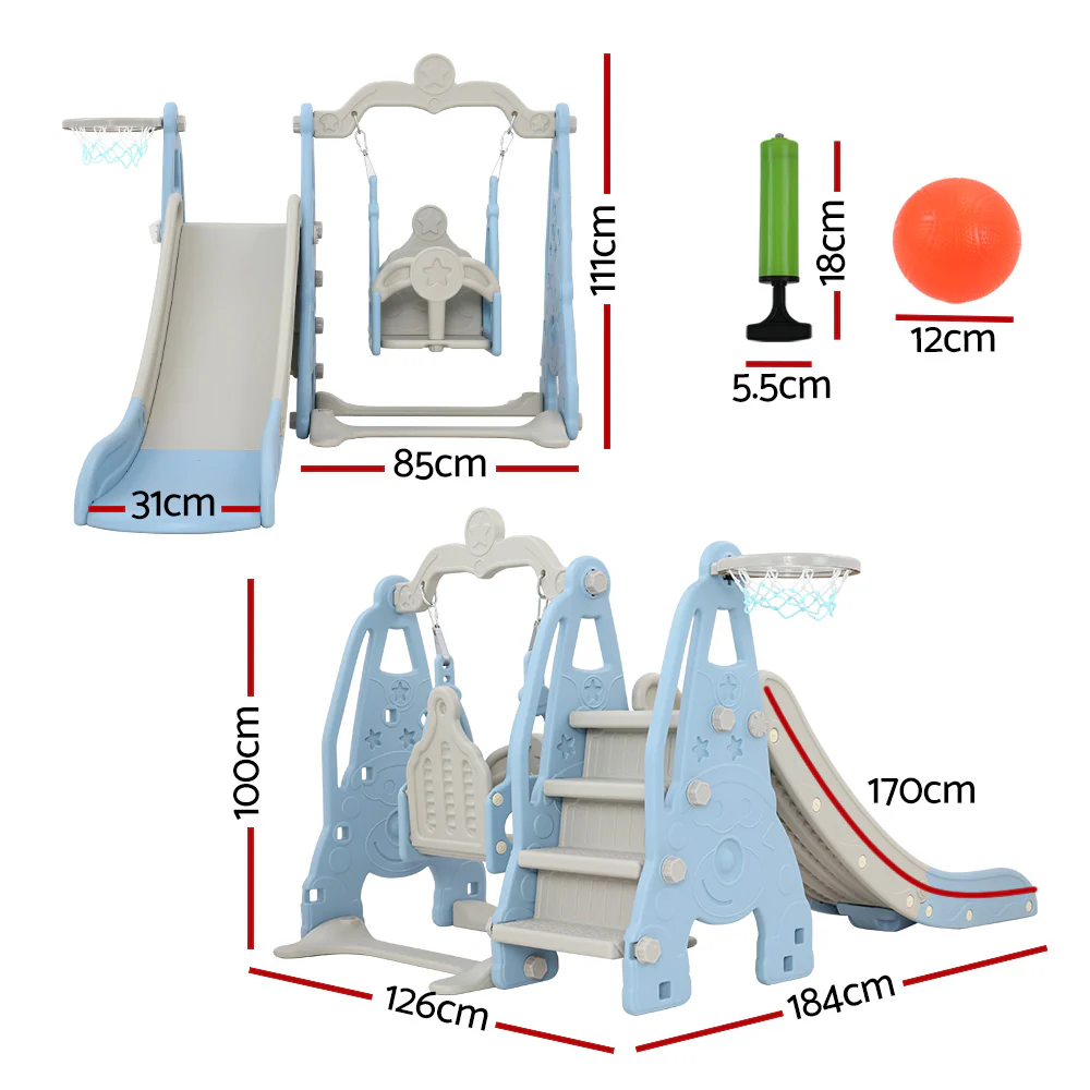 Kids Slide 170cm Extra Long Swing Basketball Hoop Toddlers PlaySet Blue - Nurns