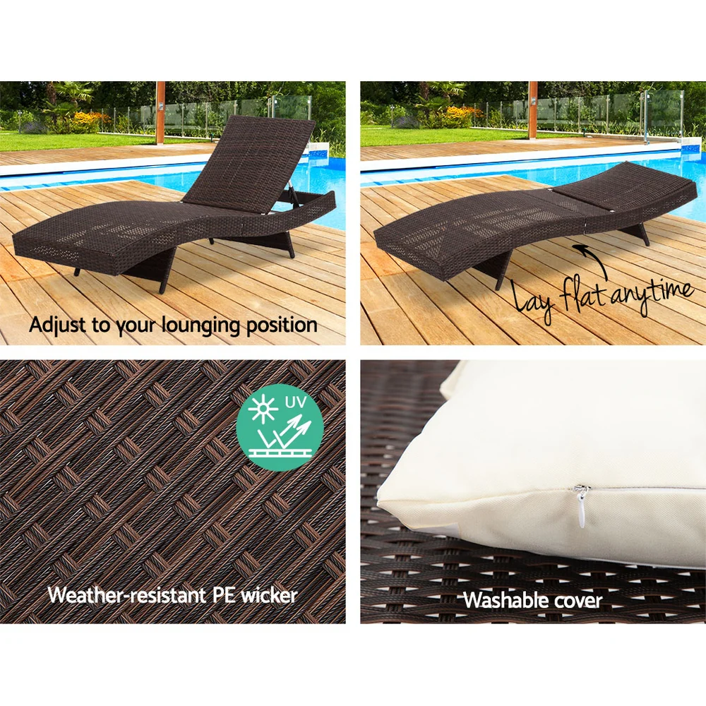 Travis Set of 2 Outdoor Sun Lounge Wicker Chair without Armrest - Brown - Nurns