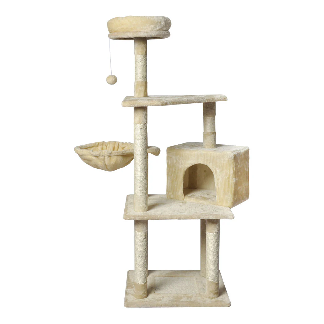 Cat Tree Toy Scratching Post Scratcher Tower Condo Wooden House Cream 130cm - Nurns