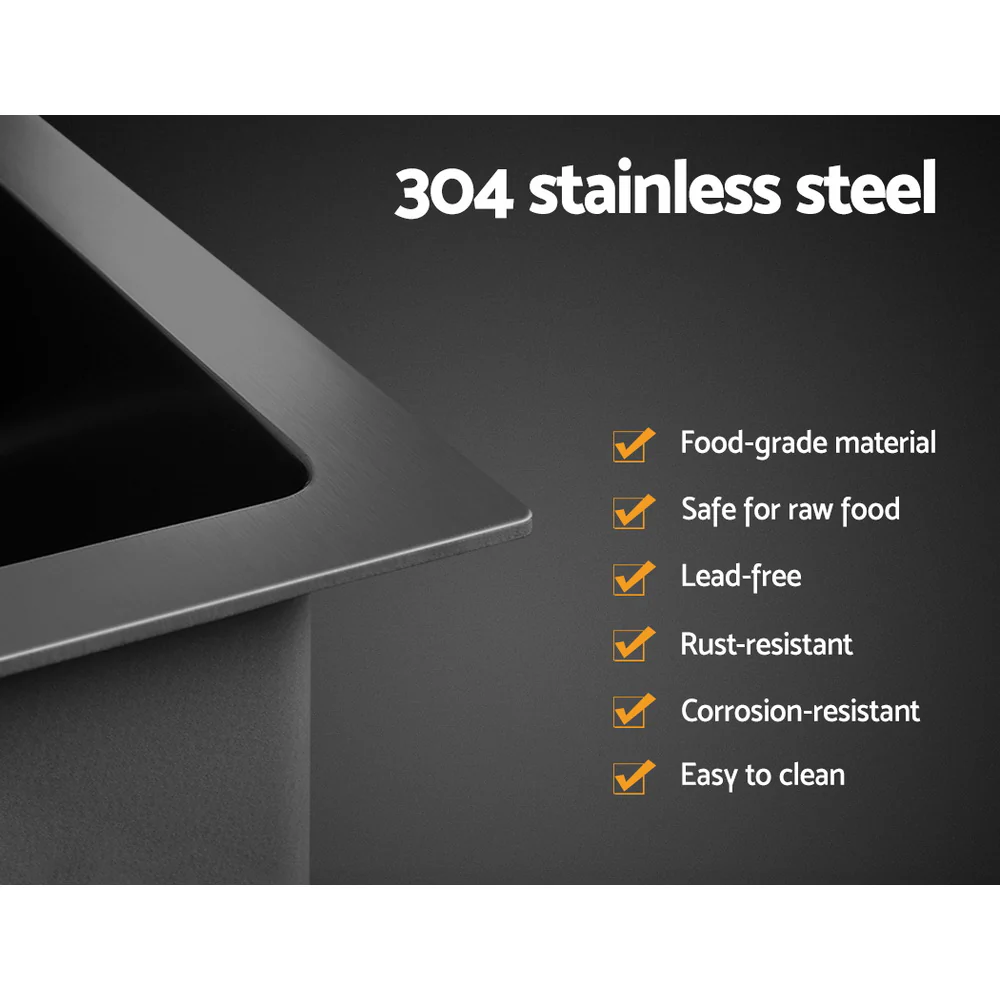 Kitchen Sink 81X45CM Stainless Steel Single Bowl Drain Rack Basket Black - Nurns