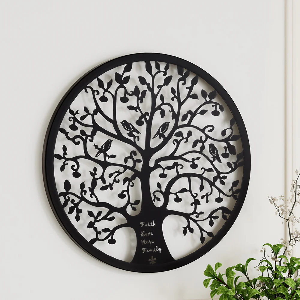 Metal Wall Art Hanging Sculpture Home Decor Leaf Tree of Life Round Frame - Nurns