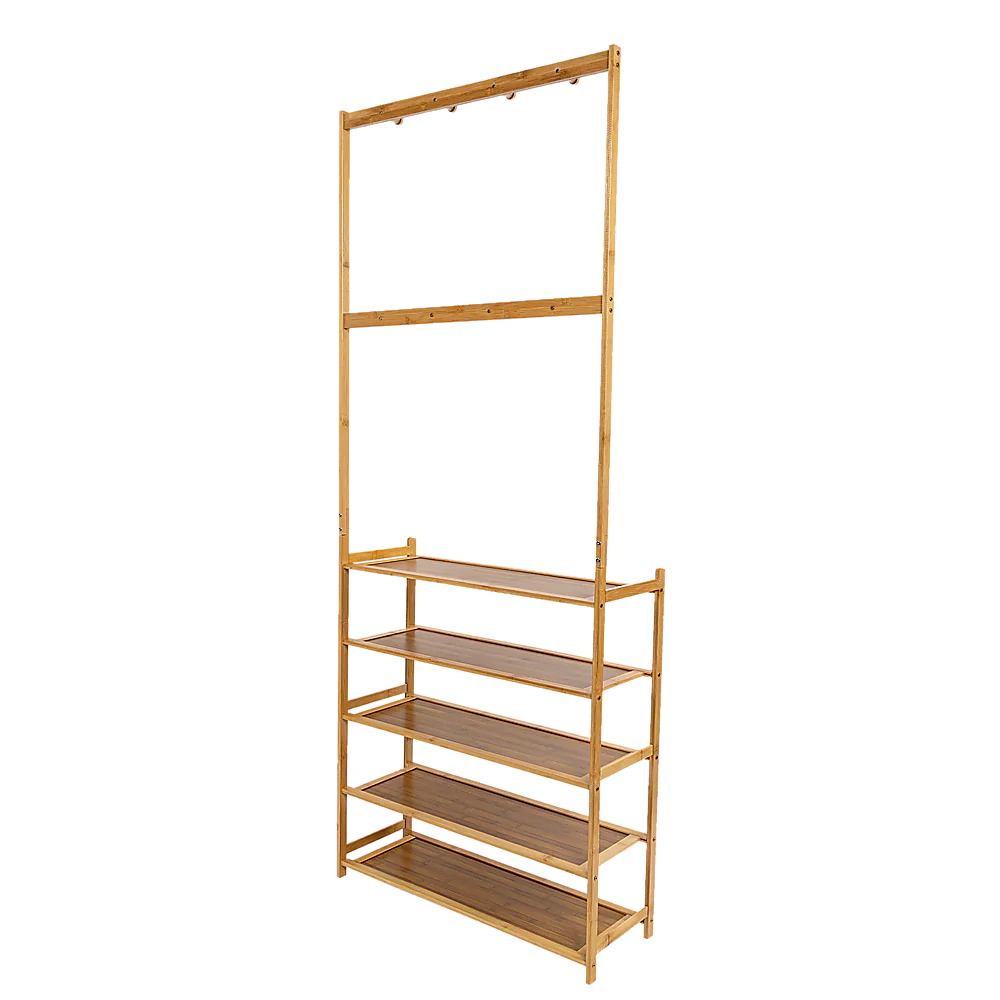 Large Wooden 5 Tiers Hat Coat Stand Clothes Shoe Rack Hanger Hooks Shelf Storage - Nurns