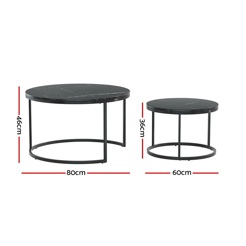 Iphiclus Set of 2 Coffee Table Nesting Marble Effect - Black - Nurns