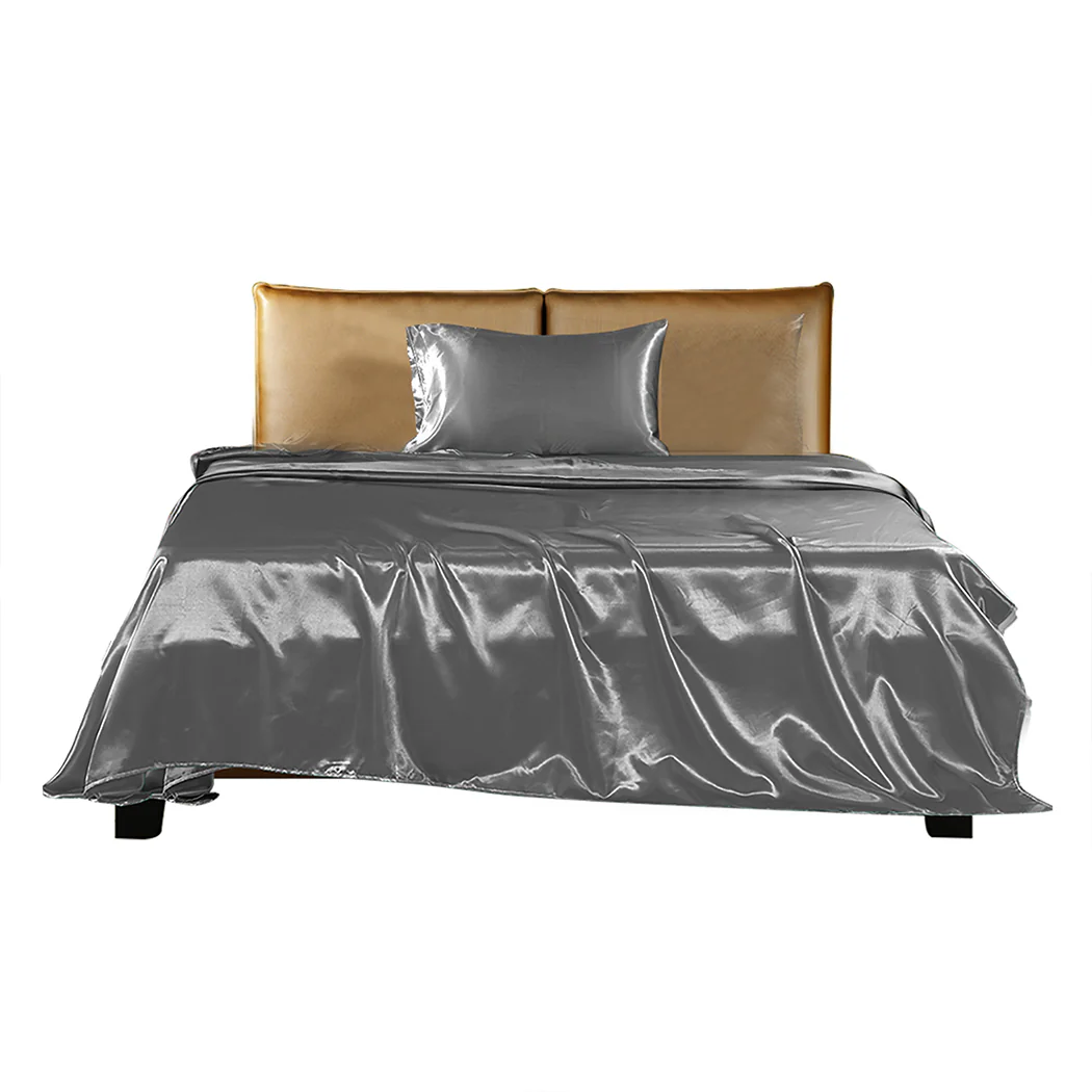 Single Dreamz Silky Satin Sheets Fitted Flat Grey Dark Grey - Nurns
