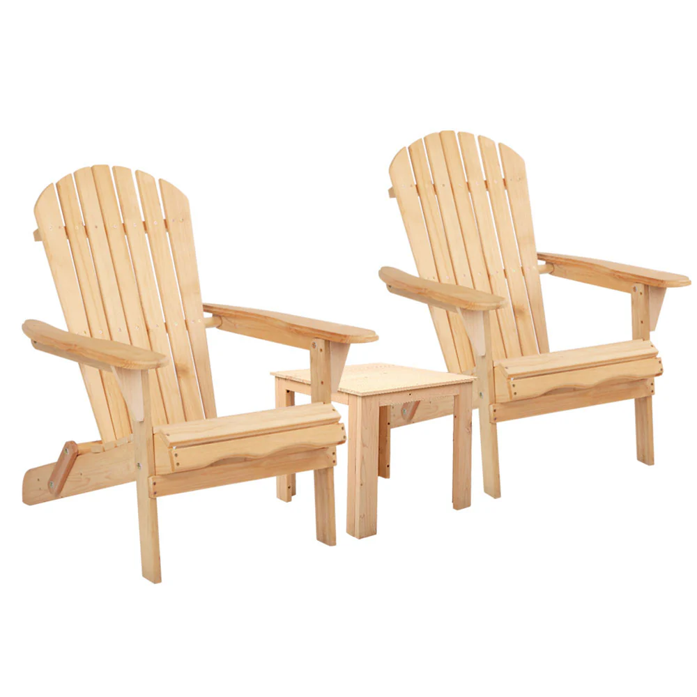 Adirondack Gardeon 3PC Outdoor Table and Chairs Wooden Foldable Beach Chair Natural - Nurns
