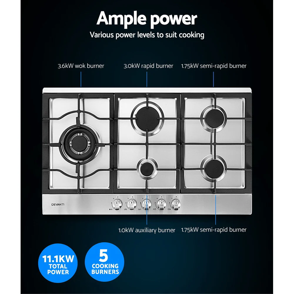 Devanti Gas Cooktop 90cm 5 Burner Silver - Nurns