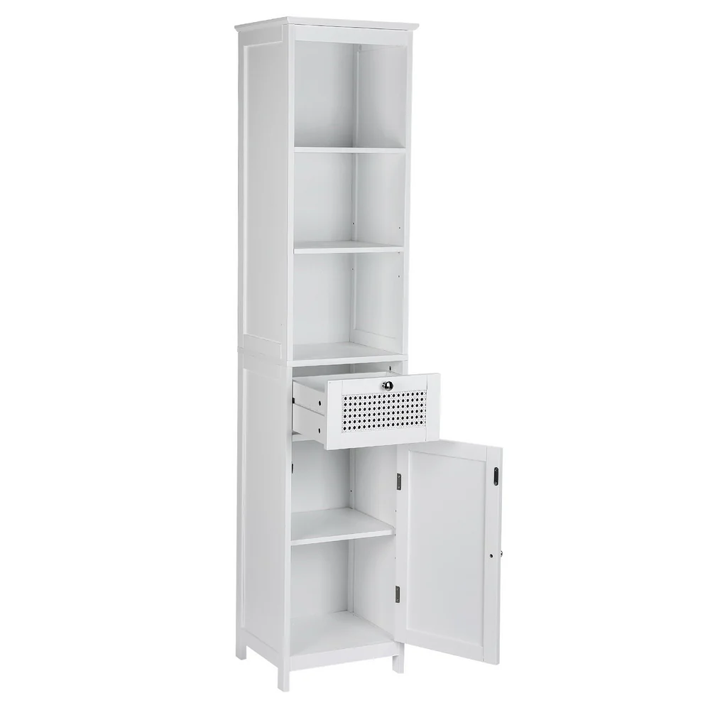 Bathroom Cabinet Storage 161cm White Rattan Tallboy Toilet Cupboard - Nurns