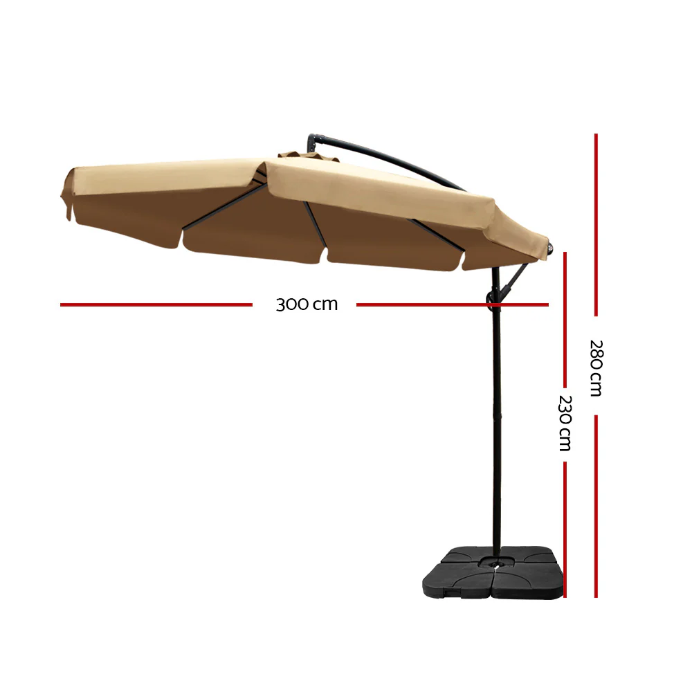 Instahut 3m Outdoor Umbrella w/Base Cantilever Garden Beach Patio Beige - Nurns