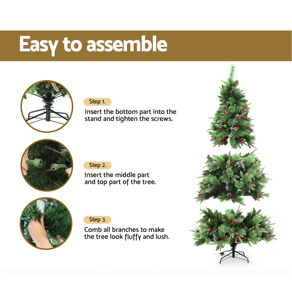 7ft 2.1m 1360 Tips Christmas Tree with Pine Cones Red Berries Prelit Warm Lights - Nurns