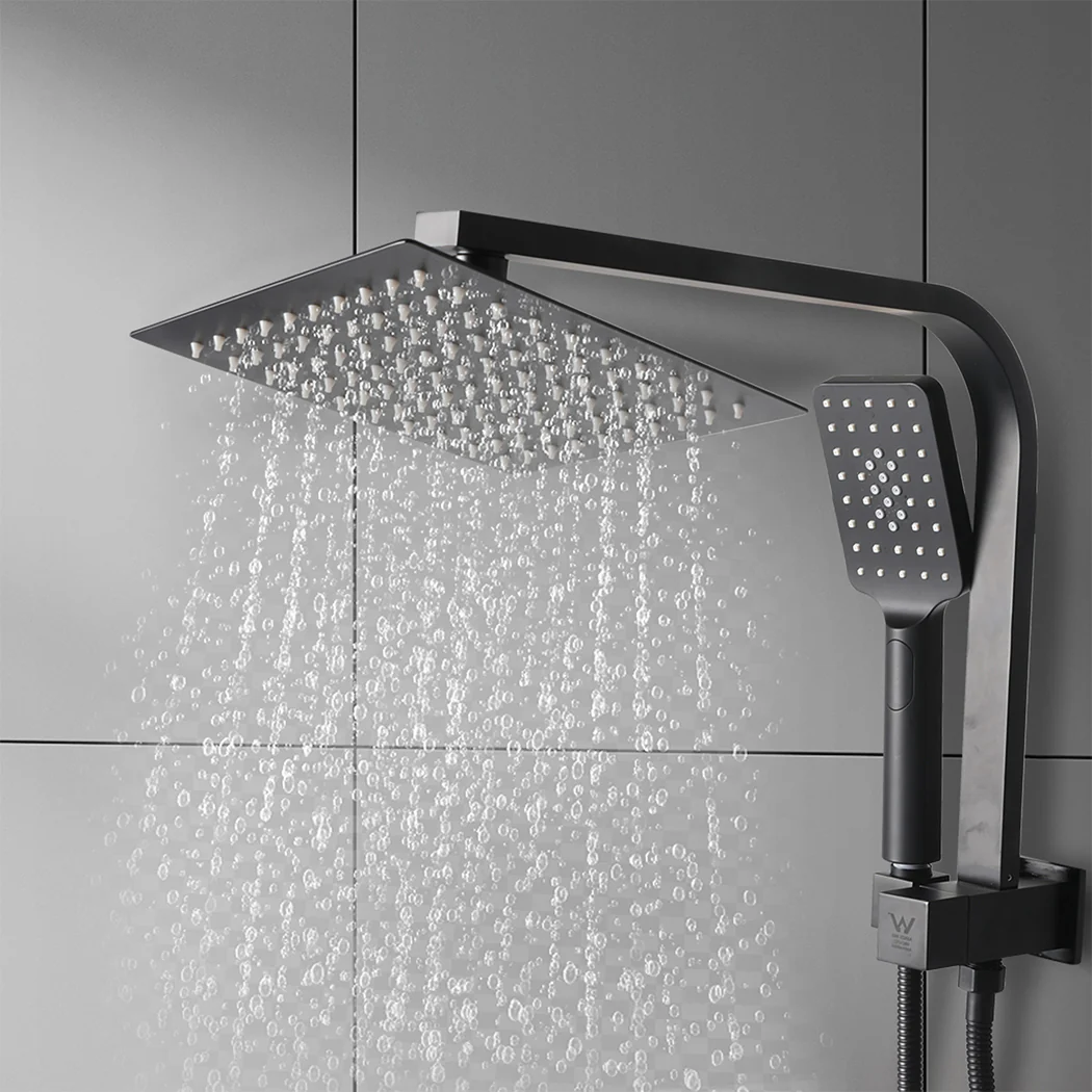 Rain Shower Head Set Black Square Brass Taps Mixer Handheld High Pressure - Nurns