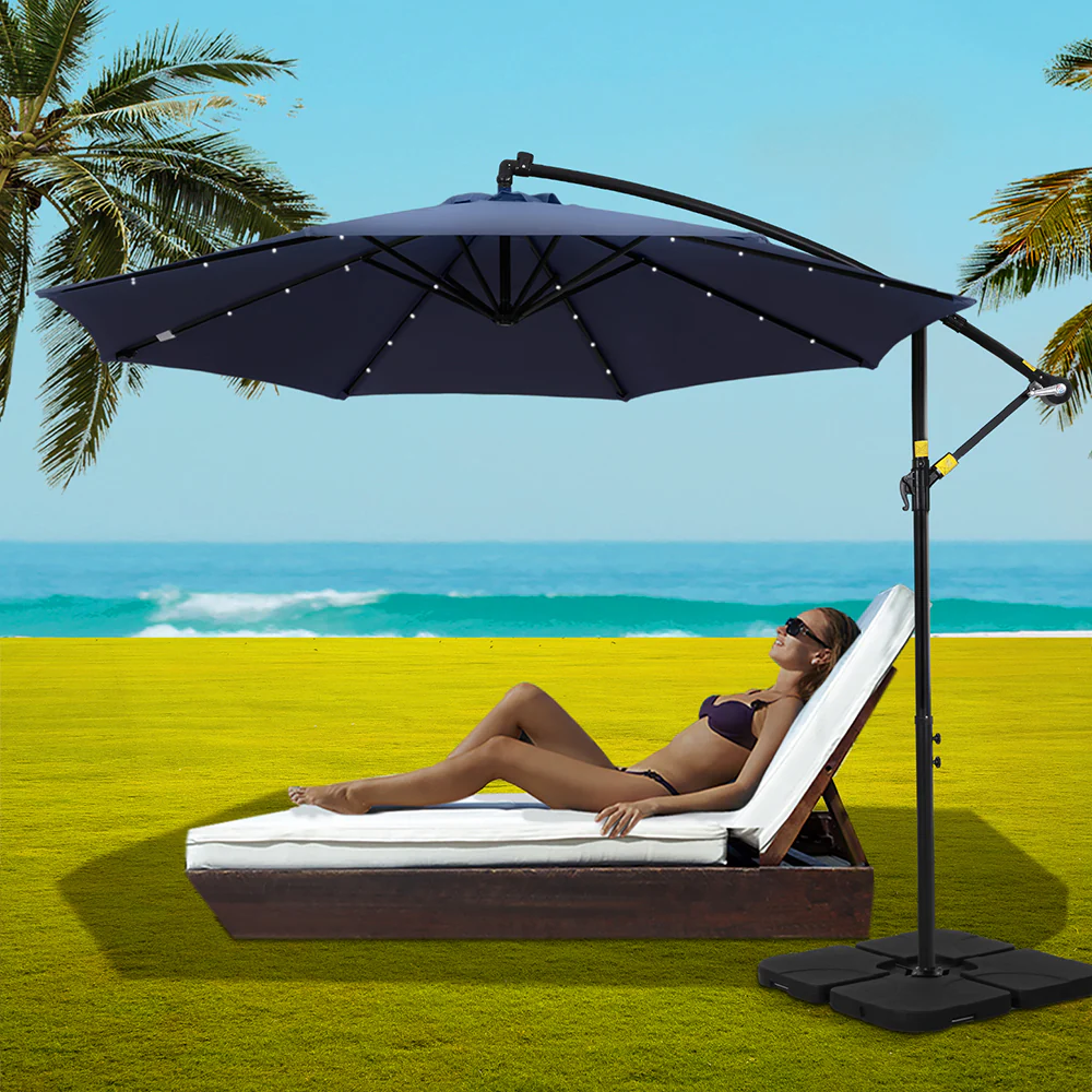 Instahut Outdoor Umbrella 3M Cantilever Beach LED w/Base Garden Shade Patio Navy - Nurns
