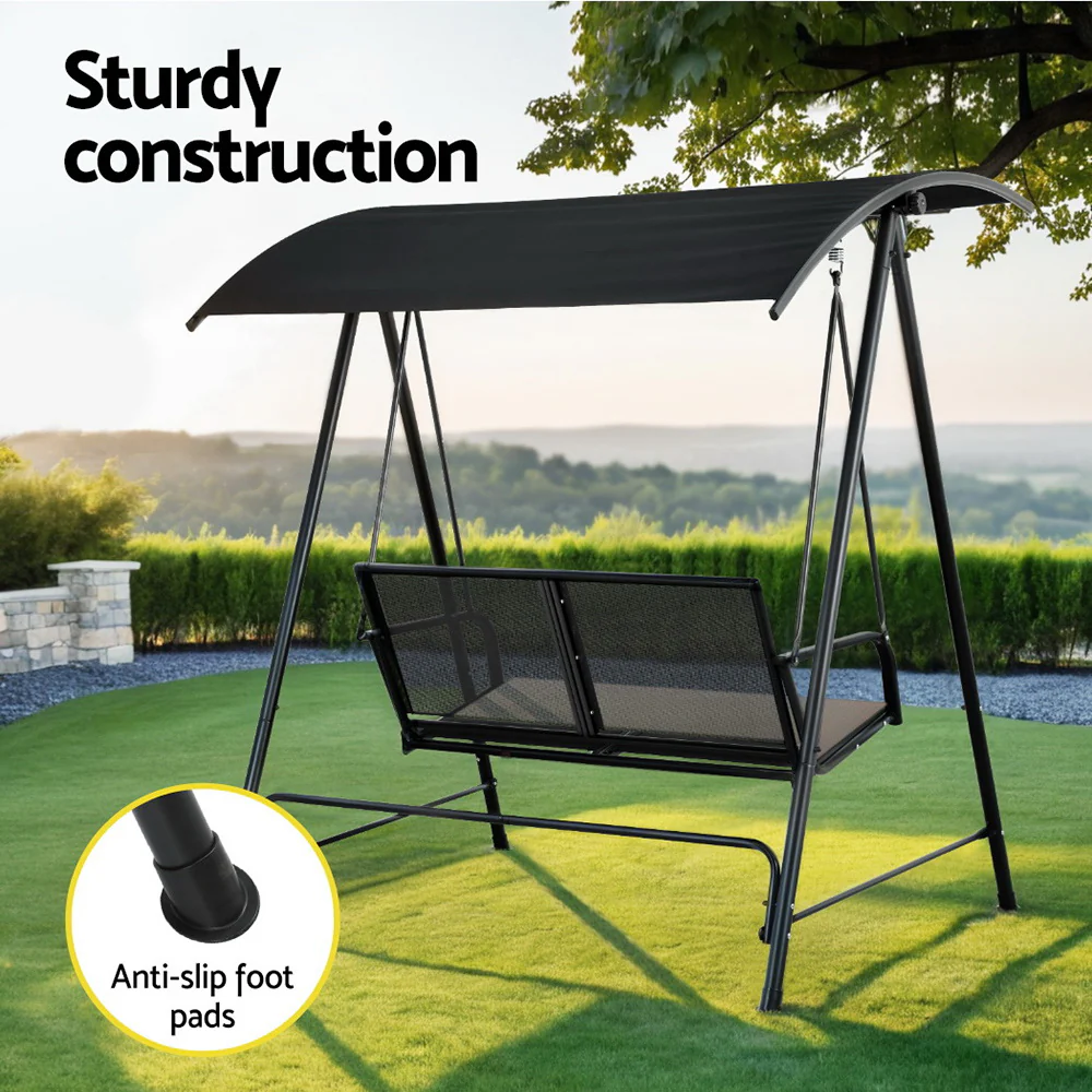 Evan Outdoor Swing Chair Garden Bench 2 Seater Canopy Patio - Black - Nurns