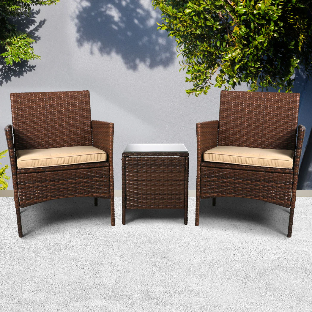 Rhyse 2-Seater Furniture Patio Garden Chair Table Rattan Wicker Cushion Seat 3-Piece Outdoor Setting - Brown - Nurns