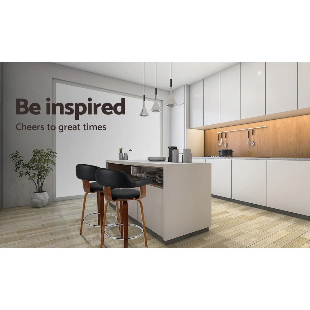 Set of 2 Evora Bar Stools PU Leather Wooden Swivel - Wood,Chrome & Black - Nurns