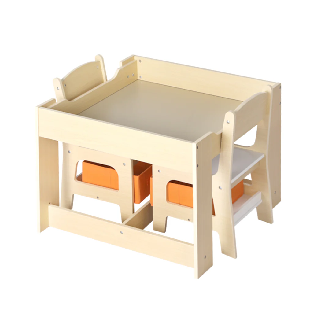 Phyllys 3-Piece Kids Table & Chairs Set Storage Box Toys Play Desk Wooden Study - White & Wood - Nurns