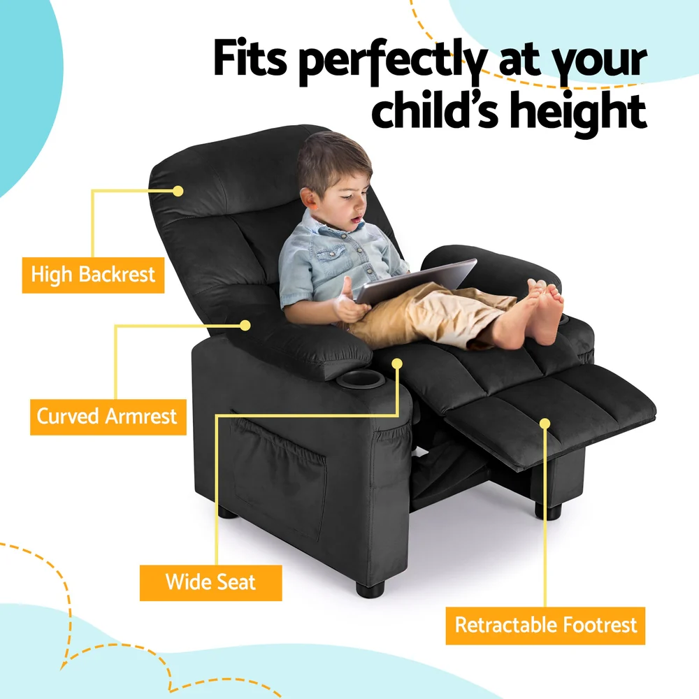 Pippa Kids Recliner Chair Velvet Sofa Lounge Couch Children Chairs Armchair - Black - Nurns