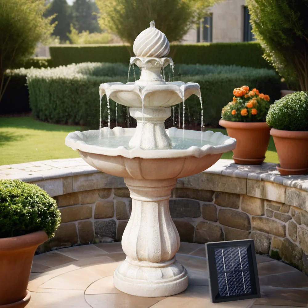 Solar Water Feature 3-Tier Fountain with Pump Kit Bird Bath 93cm - Ivory - Nurns