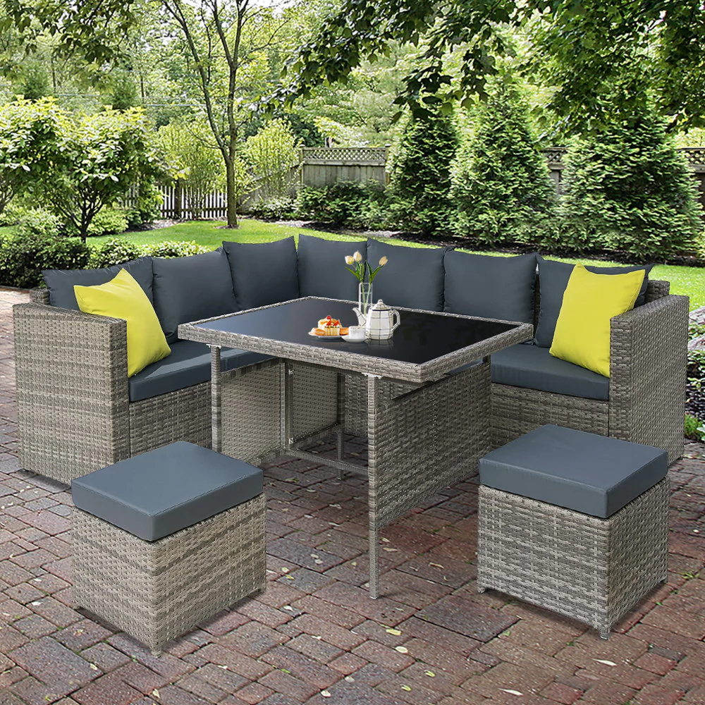 Alnwick 5-Seater Furniture Patio Set Table Chair Lounge Garden Wicker 6-Piece Outdoor Sofa - Grey - Nurns