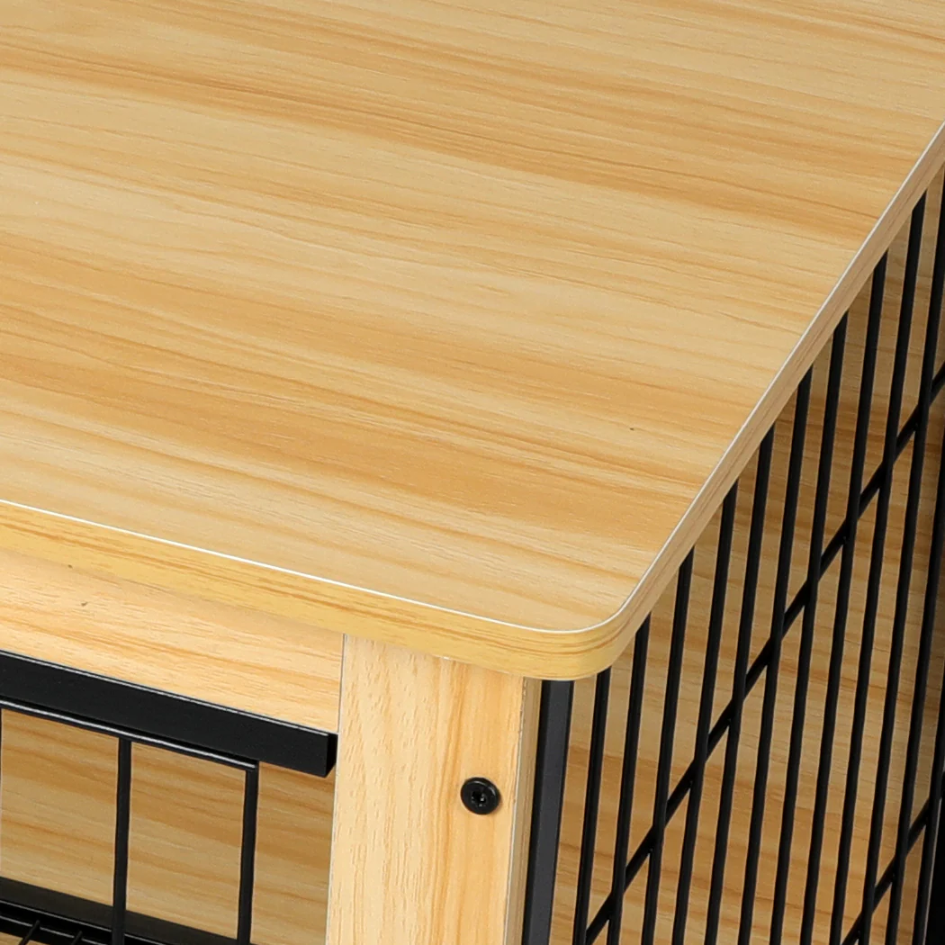 Wooden Wire Dog Kennel Side End Table Steel Puppy Crate Indoor Pet House - Wood Large - Nurns