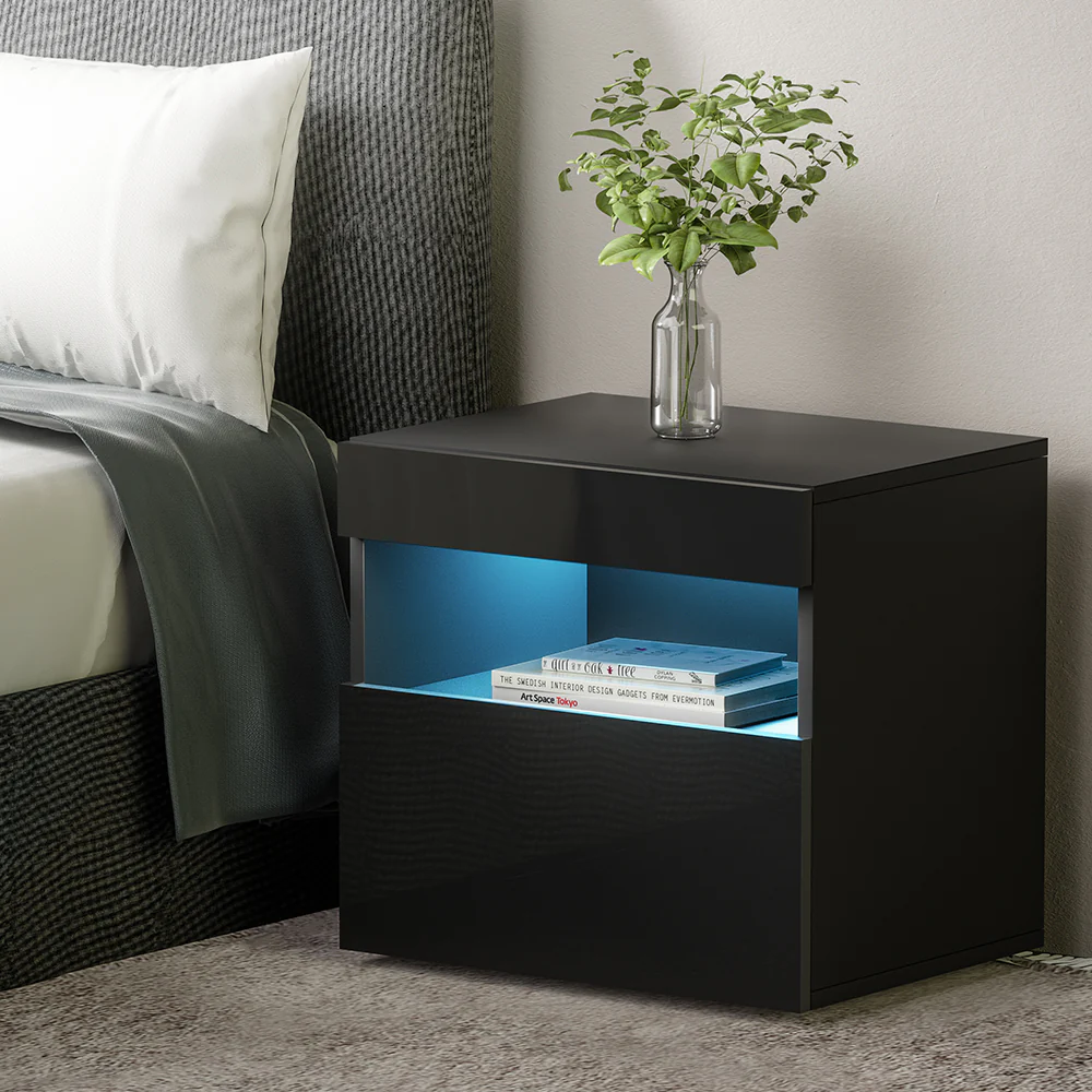 Pictou LED High Gloss Bedside Tables Side Table RGB LED High Gloss Nightstand - Black - Nurns