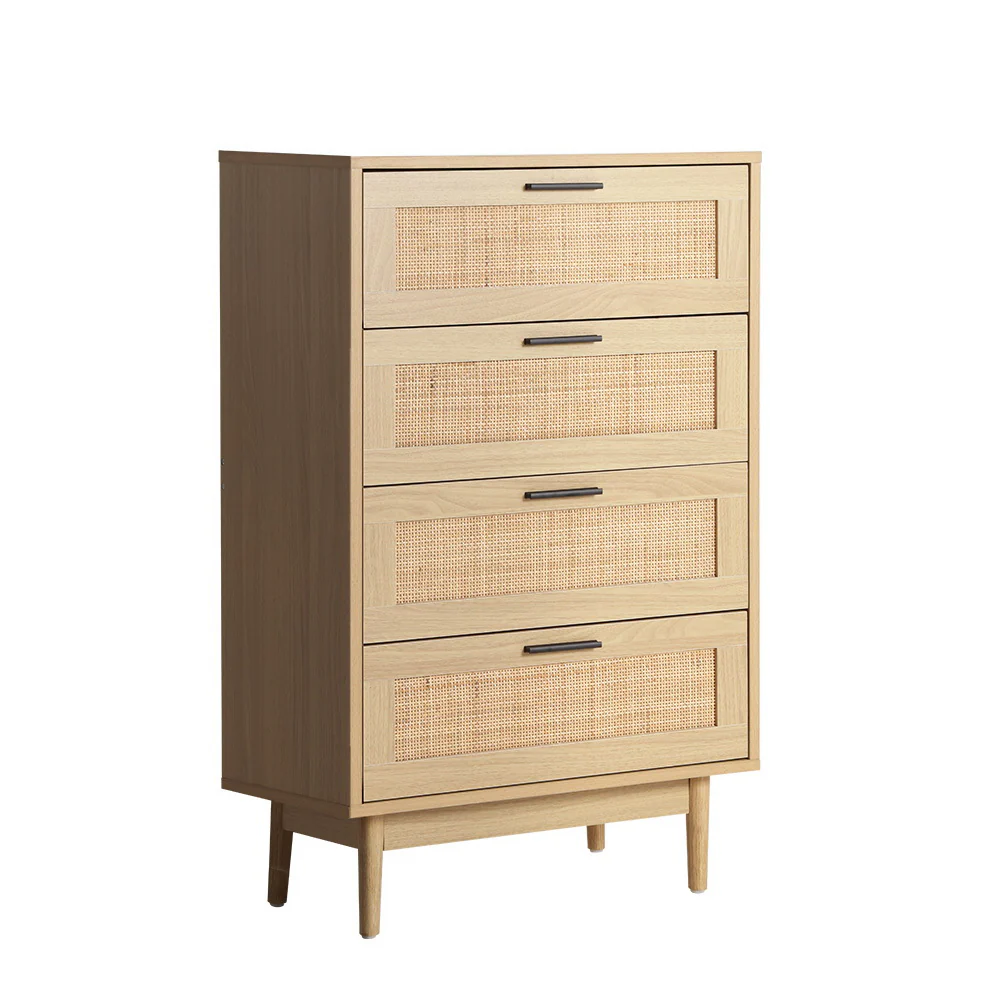 Artiss 4 Chest of Drawers Rattan Tallboy - Pine - Nurns