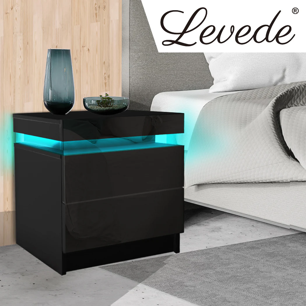 Inuvik LED Bedside Tables RGB LED Side Table High Gloss Nightstand Cabinet with 2 Drawers - Black - Nurns
