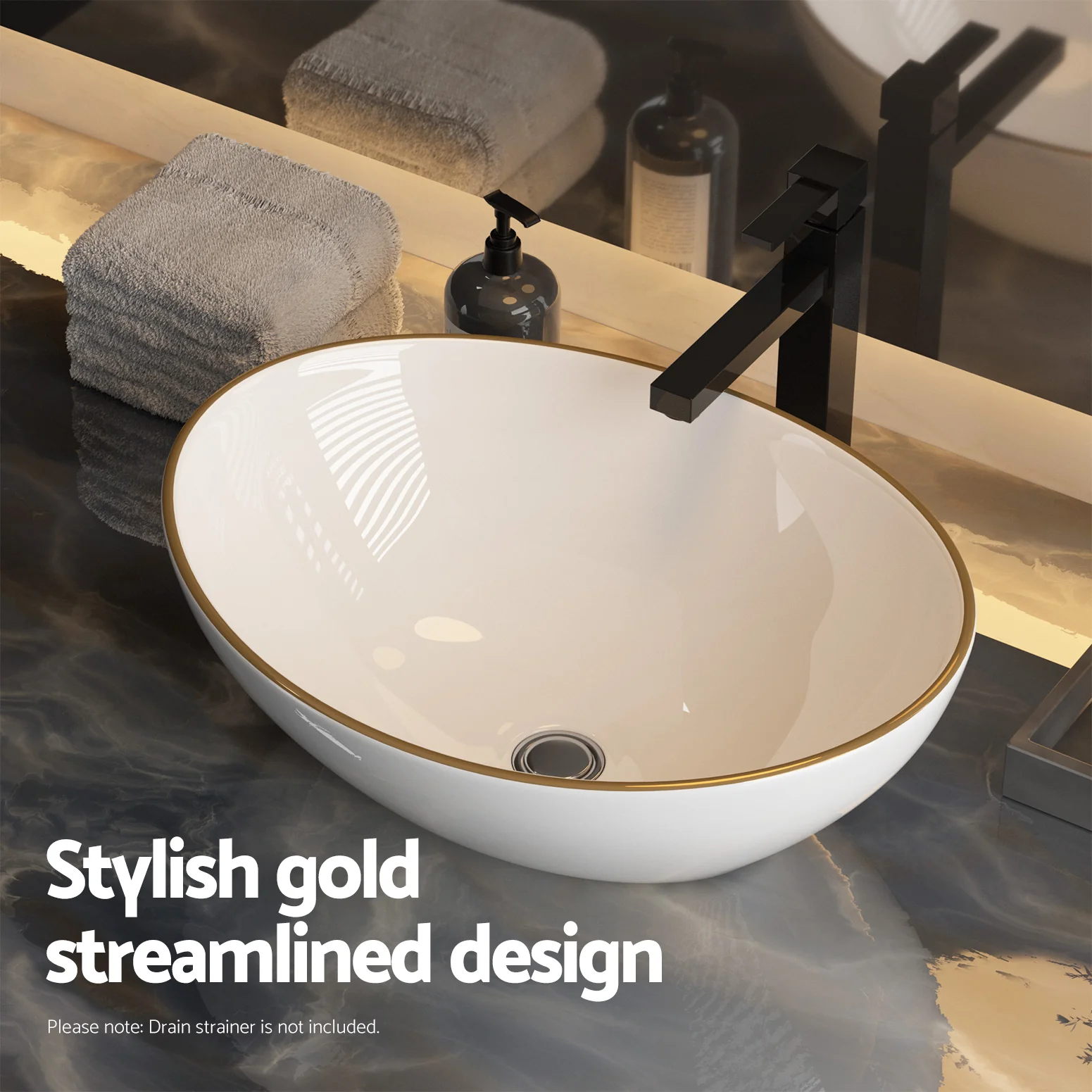 Bathroom Basin Ceramic Vanity Sink Hand Wash Bowl Gold Line 41x34cm - Nurns