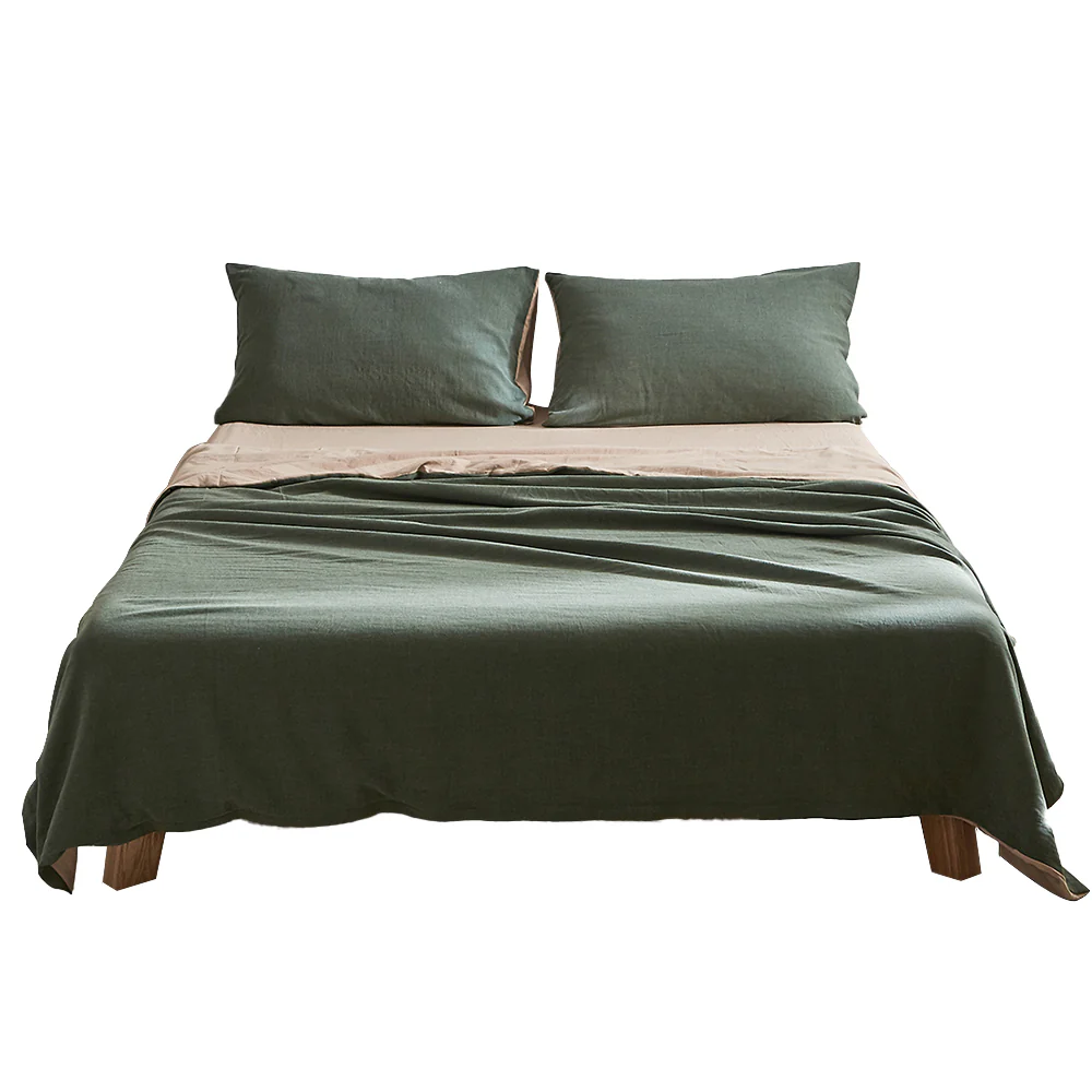 Single Cosy Club Cotton Bed Sheets Set Green Beige Cover - Nurns