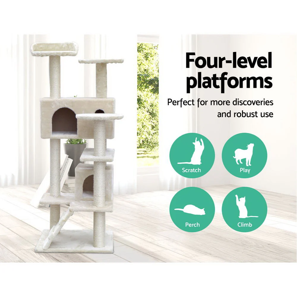 Cat Tree 134cm Trees Scratching Post Scratcher Tower Condo House Furniture Wood Beige - Nurns