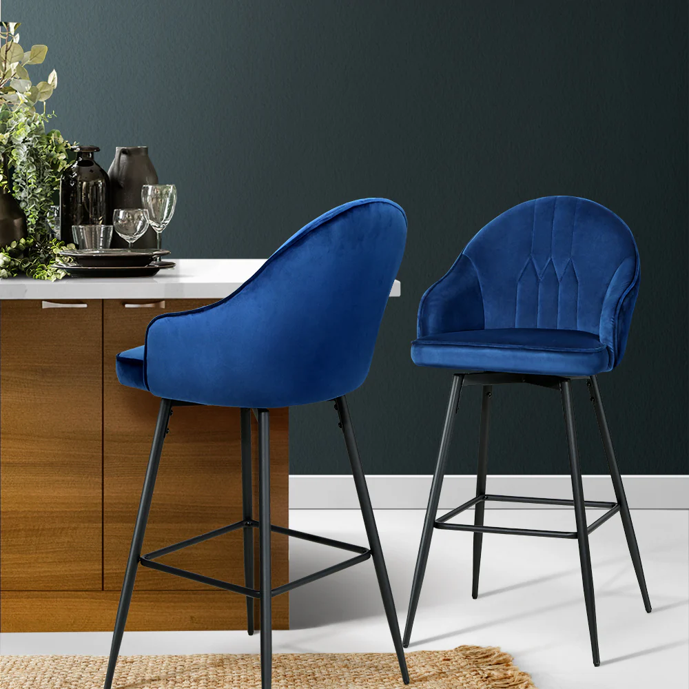 Set of 2 Munich Bar Stools Kitchen Stool Dining Chairs Velvet Chair Barstool - Blue - Nurns