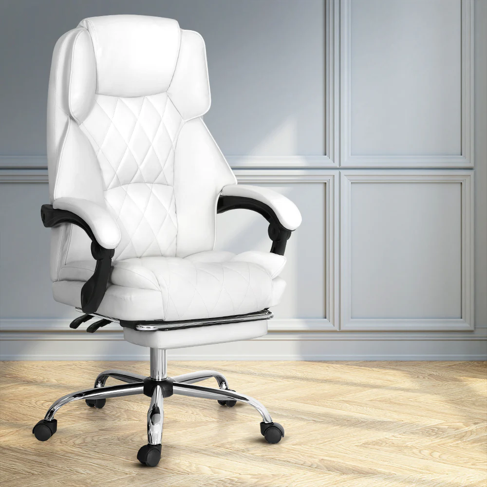 Artiss Executive Office Chair Leather Footrest White - Nurns